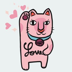 Japanese lucky cat (Maneki Neko) pink color bring love luck cute cartoon vector illustration