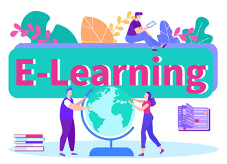 Man and Woman Twist Globe. Remote Learning. Vector