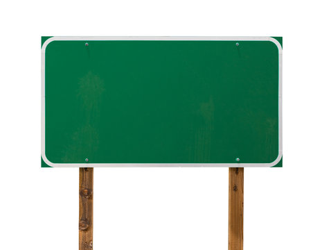Naklejki Blank Green Road Sign with Wooden Posts Isolated on a White Background