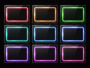Colorful neon rectangle banners collection. Glowing square buttons set on transparent background. Shining electric led halogen lamp frame. Bright futuristic vector illustration for infographic design