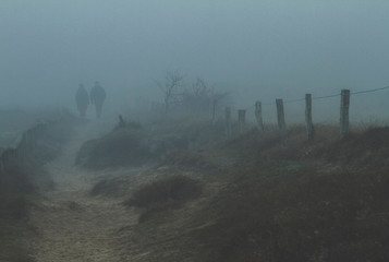 Couple walking in fog