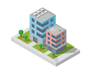 Isometric Building vector. Two building on Yard with road and trees.building 3d , smart city,Vector office and town apartment concept.