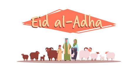 happy Eid al-Adha mubarak greeting card muslim holiday concept arab family standing with white and black flock of sheep festival of Sacrifice flat full length horizontal