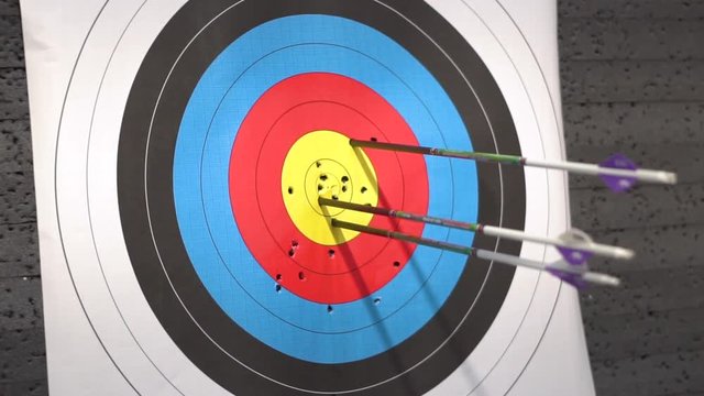 Outdoor Target for archery shooting. Arrow hitting the target . 