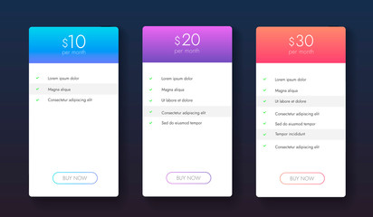 Price chart web banners for hosting, subscription and internet. Ui ux colums with business plans. Tariffs tabs vector design.