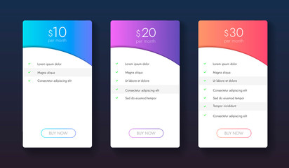 Abstract price list columns web app elements. Tariff banners with price. Subscription plans list ui ux design. Vector table with offer.