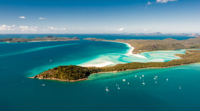 Hill Inlet from the air over Whitsunday Island - swirling white sands, sail boats
