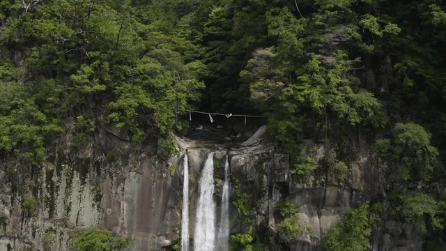 Drone shot of Nachi Taisha waterfall, the biggest of Japan, on the Kumano dodo trail