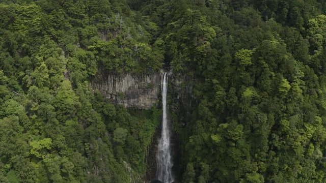 Drone shot of Nachi Taisha waterfall, the biggest of Japan, on the Kumano dodo trail