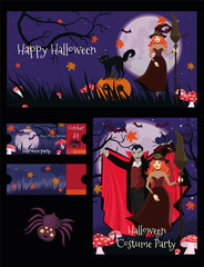 Set for Halloween party. Ticket, banner, flyer. Vector template.