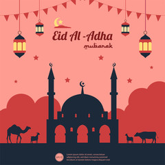 eid mubarak or eid al adha template design. Holy day for muslim and islamic people in the world. flat style vector illustration. suitable for poster, banner, campaign, invitation, and greeting card