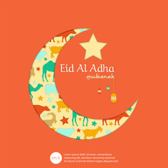 eid mubarak or eid al adha template design. Holy day for muslim. camel, cow, goat and sheep character symbol in moon sign. paper cut craft. for poster, banner, campaign, invitation, and greeting card