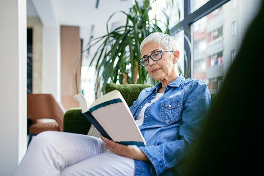 Senior woman sitting on couch, reading a book