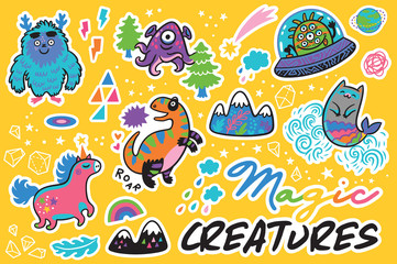 Magical animals stickers, pins in cartoon comics style. Vector illustration