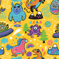 Seamless pattern with magical animals in cartoon comics style. Vector illustration