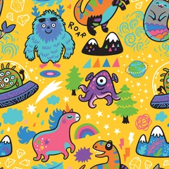 Behang Monsters Naadloze patroon met magische dieren in cartoon strips stijl. vector illustratie
