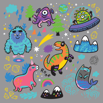 Collection with magical animals in cartoon style. Vector illustration