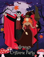 Poster with the Vampire and the witch to the Halloween party. Vector template.