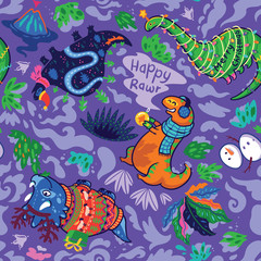Christmas seamless pattern with cute funny dinosaurs. Vector background in cartoon style