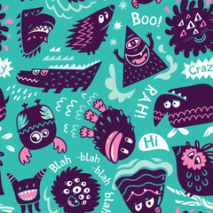 Seamless pattern with cute cartoon monster characters. Vector illustration
