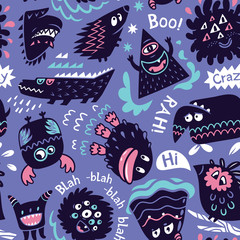 Cute cartoon monster characters background. Vector illustration