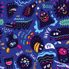 Cute cartoon monster characters background. Vector illustration