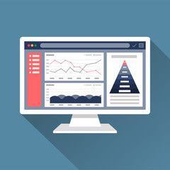Web analytic information on Computer screen flat icon. trend graphs report concept. statistic charts for planning and accounting, analysis, audit, management, marketing, research vector illustration.