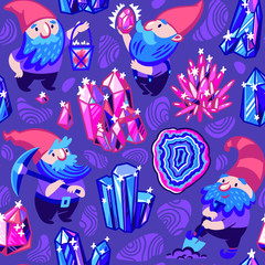 Seamless pattern with gnomes, gems and crystals in vector.