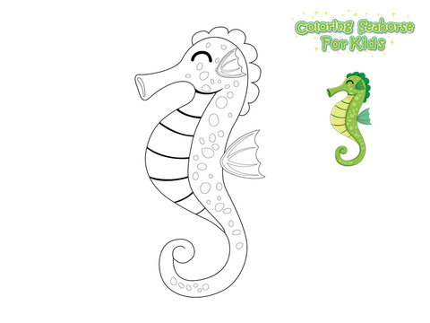 Vector Coloring The Cute Cartoon Seahorse. Educational Game for Kids. Vector Illustration With Cartoon Style Funny Sea Animal