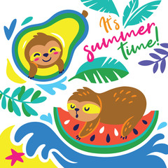 It's summer time card. Funny cartoon sloth swimming on watermelon and avocado © penguin_house