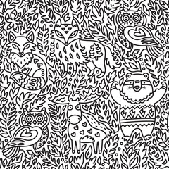 Hand drawn design seamless pattern with forest animals