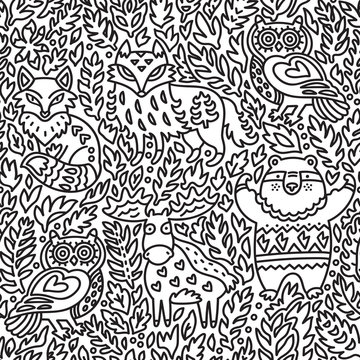 Hand drawn design seamless pattern with forest animals