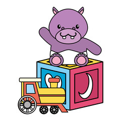 cute little hippo with train and block