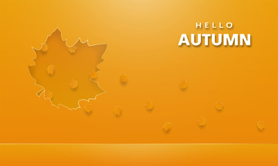 Abstract background with falling maple leaves on a yellow background. Light shines from above. Modern cover design. Vector illustration