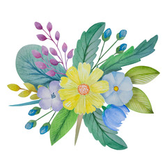 Watercolor wild flowers bouquet chamomile foliage 