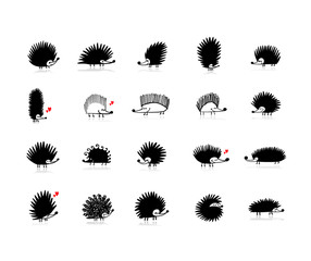 Funny hedgehogs collection, black silhouette for your design © Kudryashka