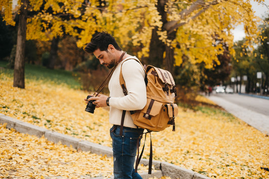 Side view of handsome young photographer standing in autumn park and watching pictures on camera