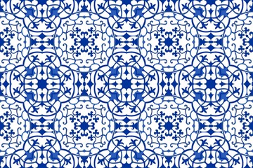 Vector Asian geometric pattern. Blue folk ornament is seamless.