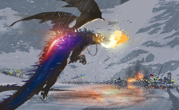 Digital illustration painting design style a huge dragon flying over snow and destroying a city with its fire, against snow mountains.