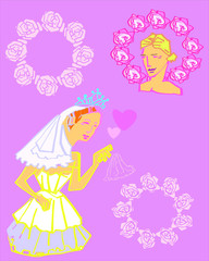 bride wear a crown drop a handkerchief and a purple background with roses