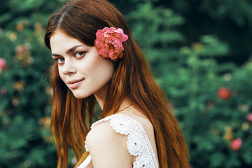 beautiful woman green leaves nature park