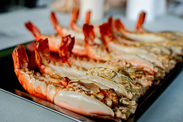 Close-up of many large shrimps, placed in ready to eat dishes.