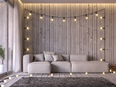 Cottage style living room 3d render, floor and wall are old wood, decorated with beige fabric sofa Decorated with string lights on the wall seem prepared for a party.