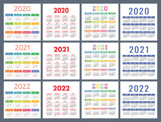 Calendar 2020, 2021, 2022 years. Pocket calender. Colorful set. Week starts on Sunday. Basic grid