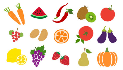 Vegetable, fruit, berry set. Carrot, watermelon, pepper, kiwi, tomato, currant, potato, orange, eggplant, lemon, grapes, strawberry, pear, pumpkin. Vector sketch. Natural food collection. Vegan menu