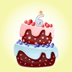 Cute cartoon 6 year birthday festive cake with candle number six. Chocolate biscuit with berries, cherries and blueberries. For parties, anniversaries