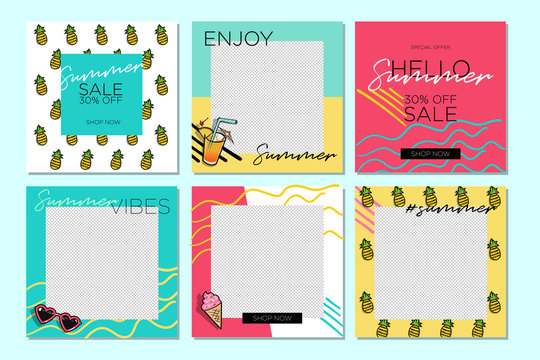 Set 6 Post Layouts with summer Elements sale and photos for instargram social media