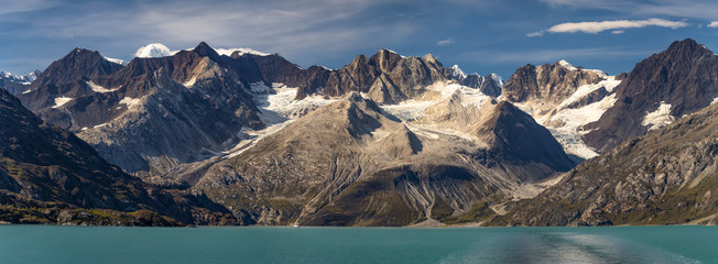 Beautiful panoramic view of mountains in Glacier Bay national park in Alaska.