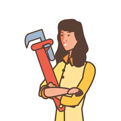 worker construction woman with wrench tool
