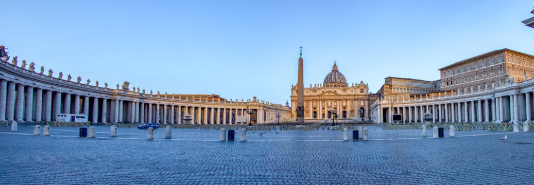 Panoramic of St. Peter's Square in Vatican City at dawn - Rome, Italy.